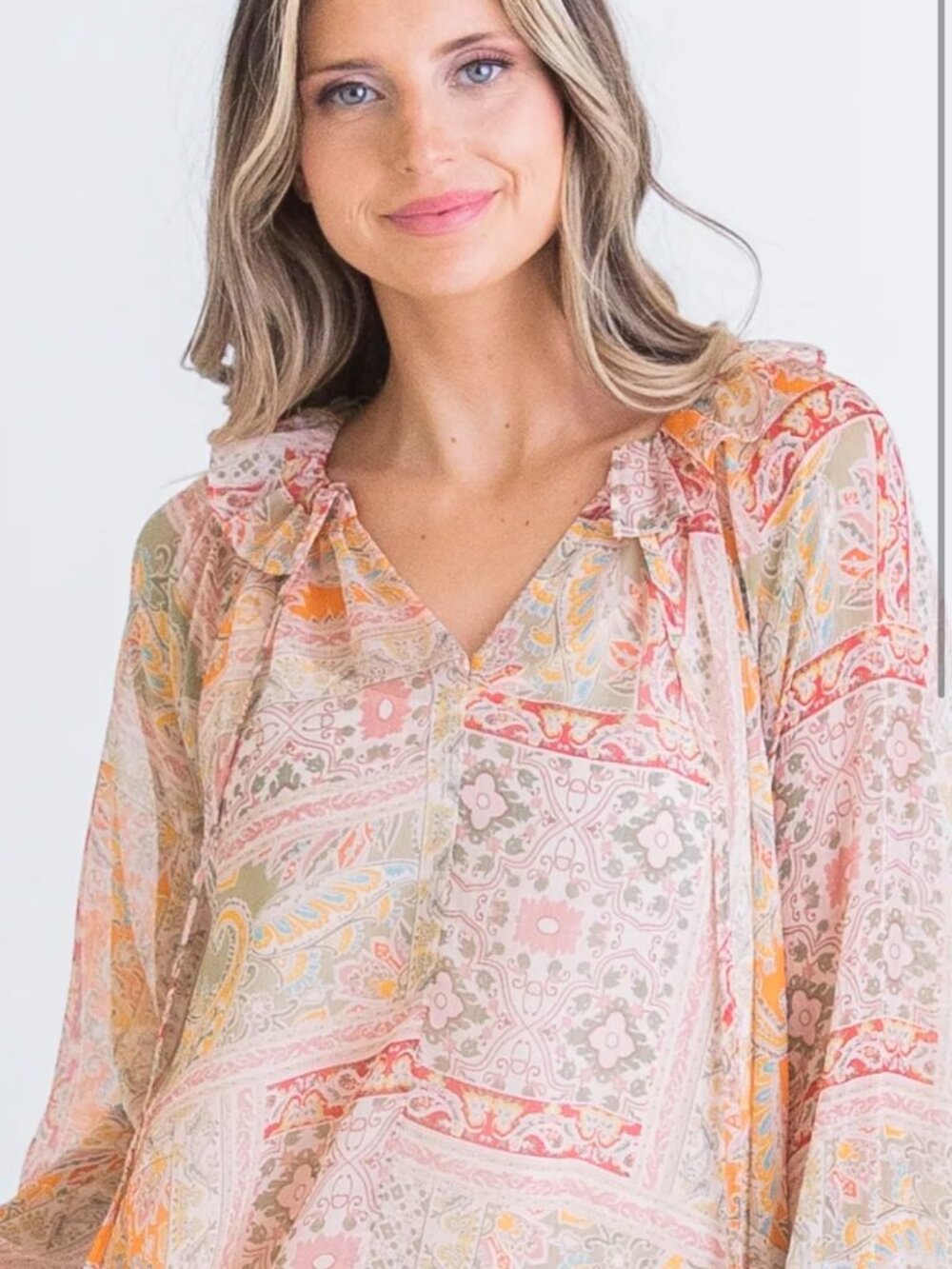 Karlie Chiffon Patchwork Paisley Floral Ruffled Flowy Midi Dress Women's size M - Picture 2 of 6